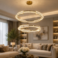 Подвесная хрустальная LED люстра латунь на два кольца 812+615 мм с пультом 180W AL 552/80+60GD