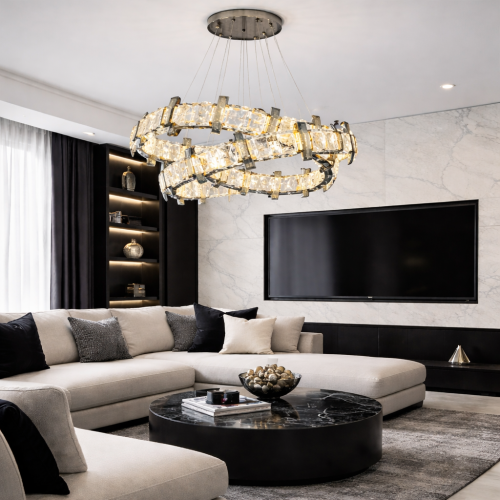 Хрустальная LED люстра 2 кольца хром черный 54W с пультом