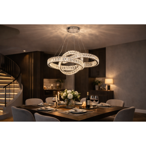 Світлодіодна підвісна люстра на три кільця з кришталевими елементами та пультом, хром 93 Вт