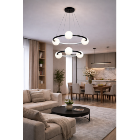 Підвісна LED-люстра з кільцями та плафонами-кулями 7841024 BK, чорна