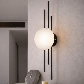 LED бра 786W009A BK — чорне настінне бра з матовою кулею та декоративними металевими рейками, 7W, 3 режими світла