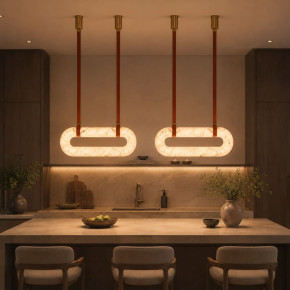 Підвісний овальний світильник з імітацією мармуру на коричневих ременях 60х28 см