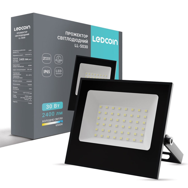 Світлодіодний прожектор Ledcoin LL-5030 30Вт 6500K чорний фото Світлодіодний прожектор Ledcoin LL-5030 30Вт 6500K чорний