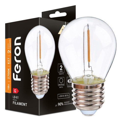 Світлодіодна лампа Feron Filament LB-61 1Вт E27 2700K прозора